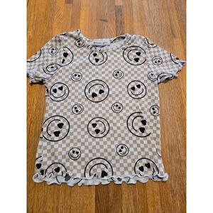 Forever‎ Girl Youth 7 Tan White Black Checker Smiley Face Heart Ruffle Hem Shirt